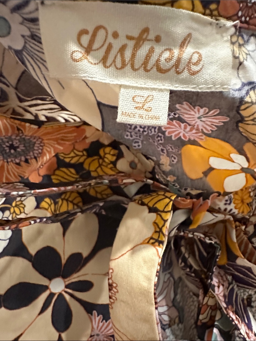 Listicle Bold Floral Tie-Front Babydoll balloon sleeve Top Charcoal Peplum Large - Picture 6 of 7